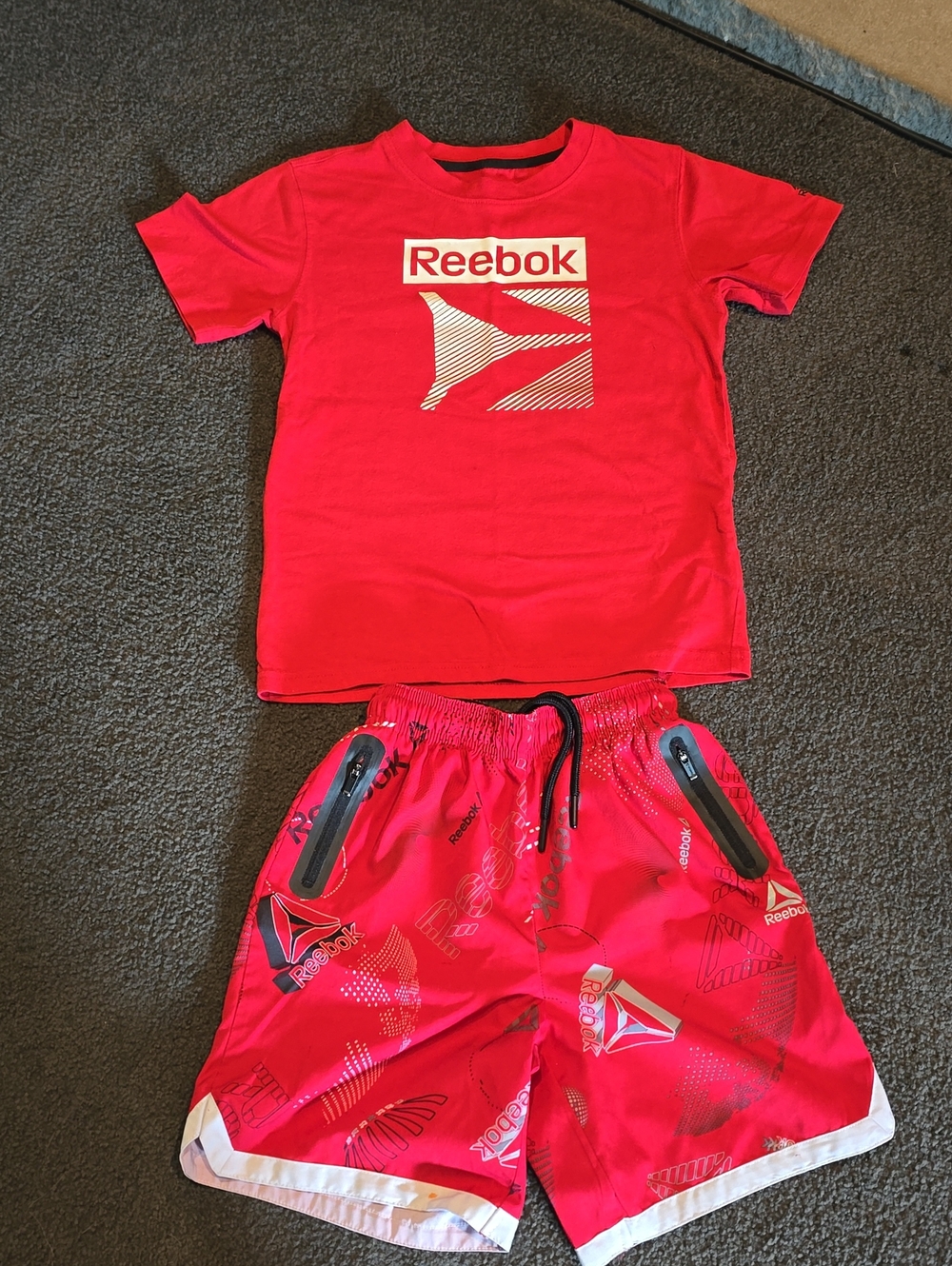 6/7 Reebok Red Logo Tee and Printed Athletic Shorts